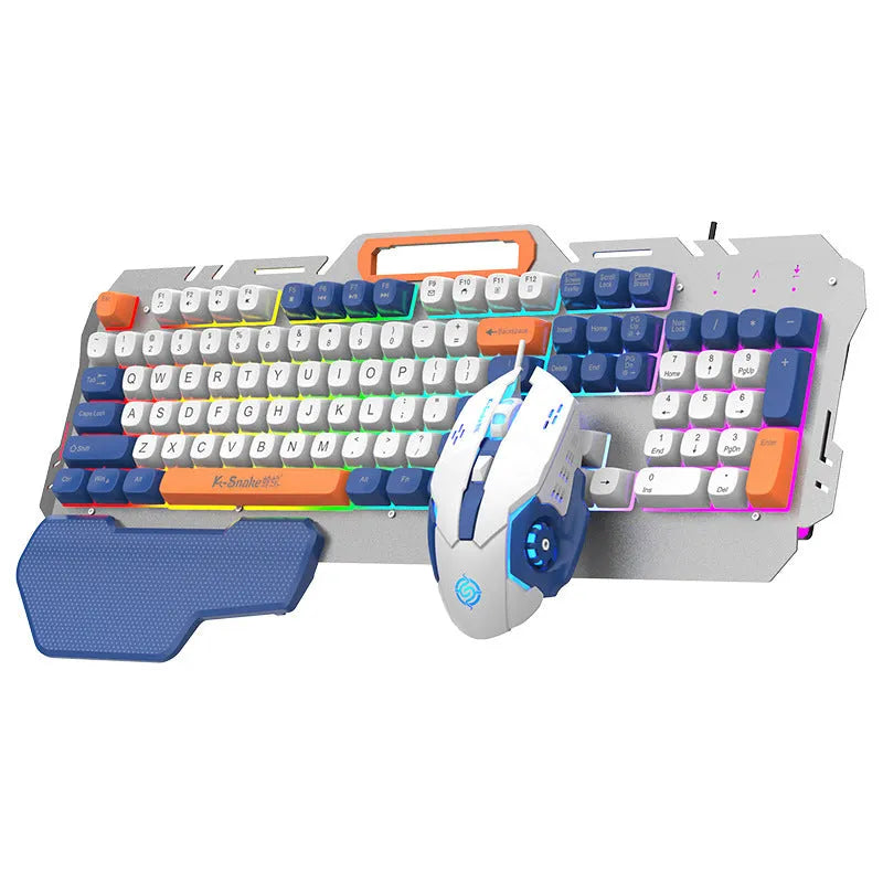 Blue wired gaming keyboard and mouse set with backlight on a desk