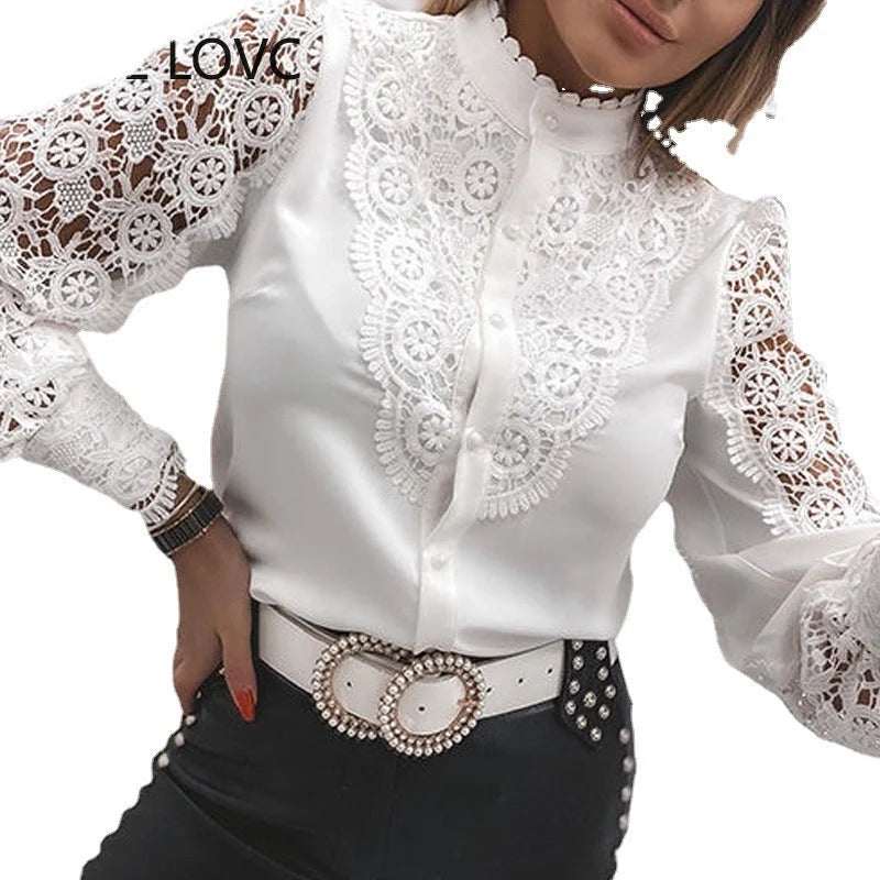 Women's lace long sleeve V-neck button shirt with floral panel and lace flare sleeves