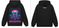 Men's heavyweight washed vintage loose pullover hoodie in black, top stitched patch pocket, polyester, autumn wear