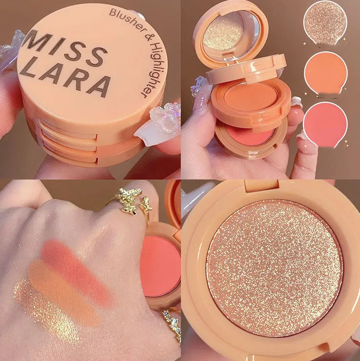 High gloss powder blusher disc in all-in-one plate format, available in two colour options for brightening skin tone
