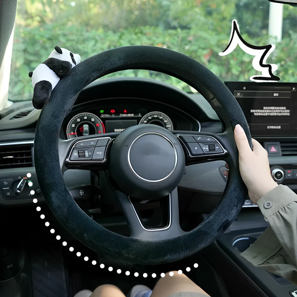 Panda plush black steering wheel cover and matching shoulder pad set for winter vehicle interiors