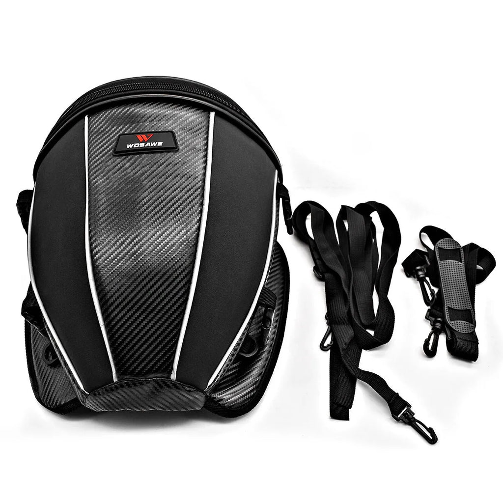 Black motorcycle seat bag with reflective strip, showing convertible crossbody strap and internal pocket organisation