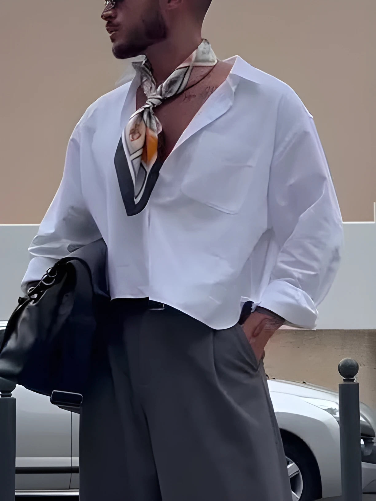 Men's white polyester casual shirt with cropped top length and short sleeves