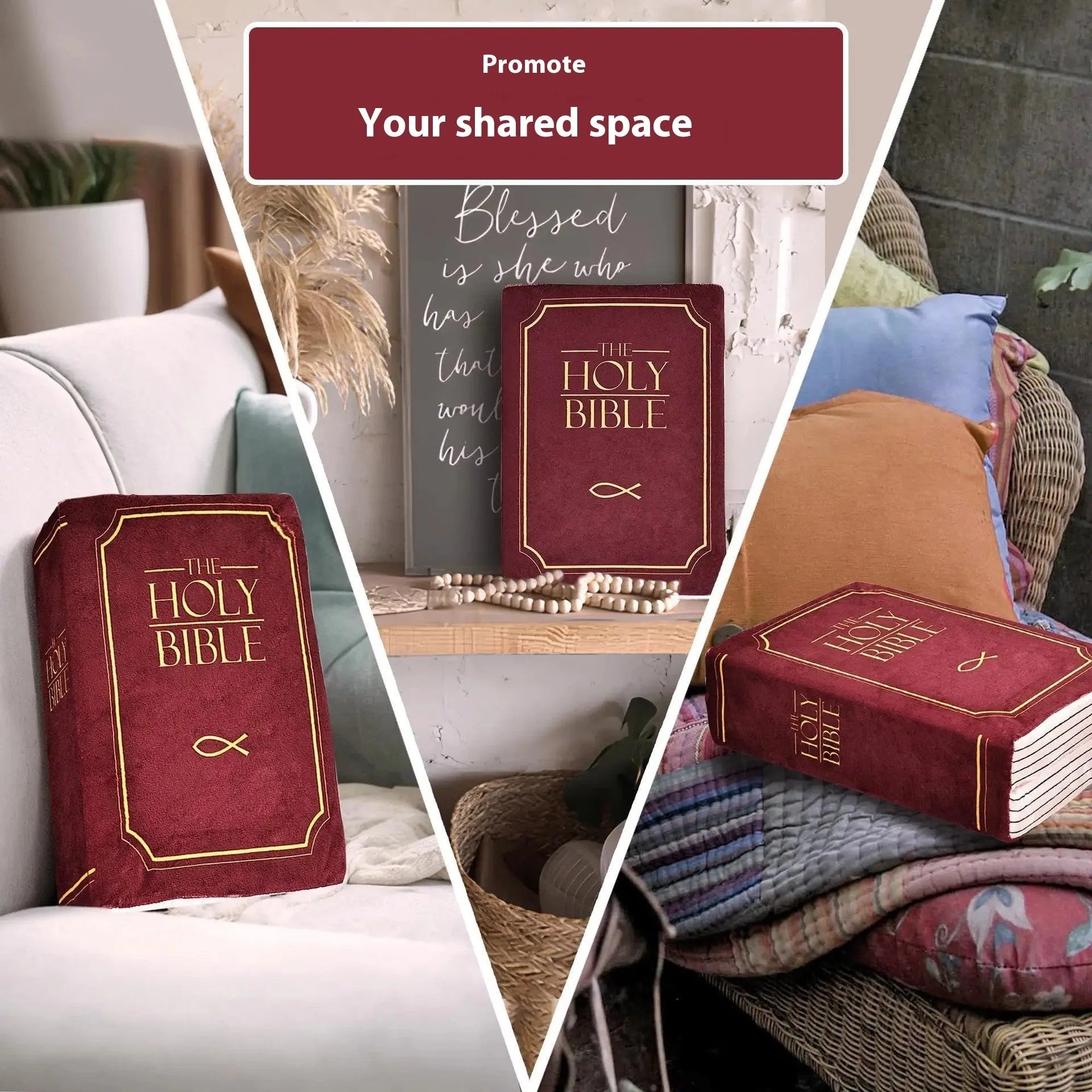 Solid-colour Christmas bible plush toy doll pillow on a chair.
