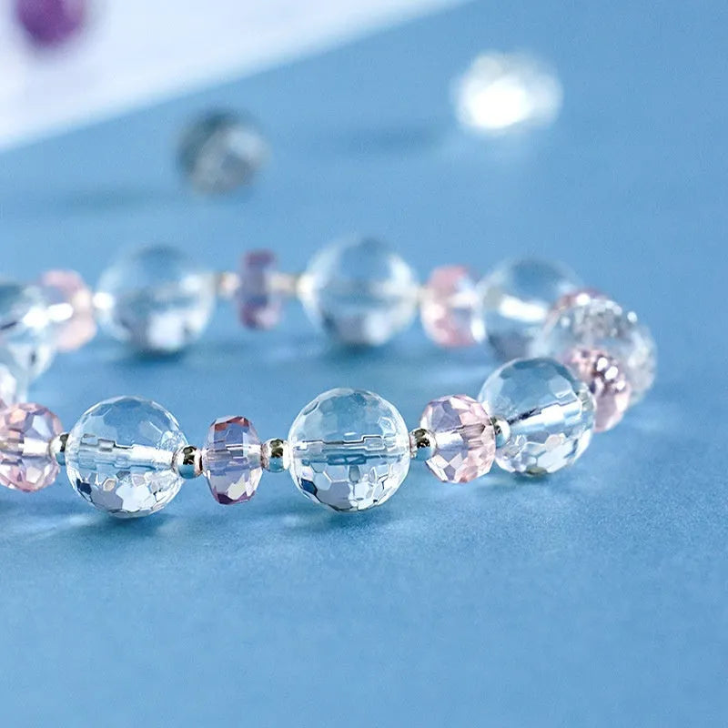 Women's white crystal bracelet with Korean-style design, electroplated finish, and lucky cat charm