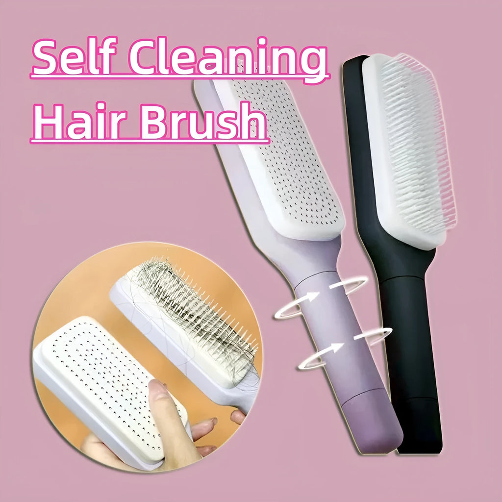 Purple and grey self-cleaning hair brush with rotate handle mechanism for anti-static massage combing
