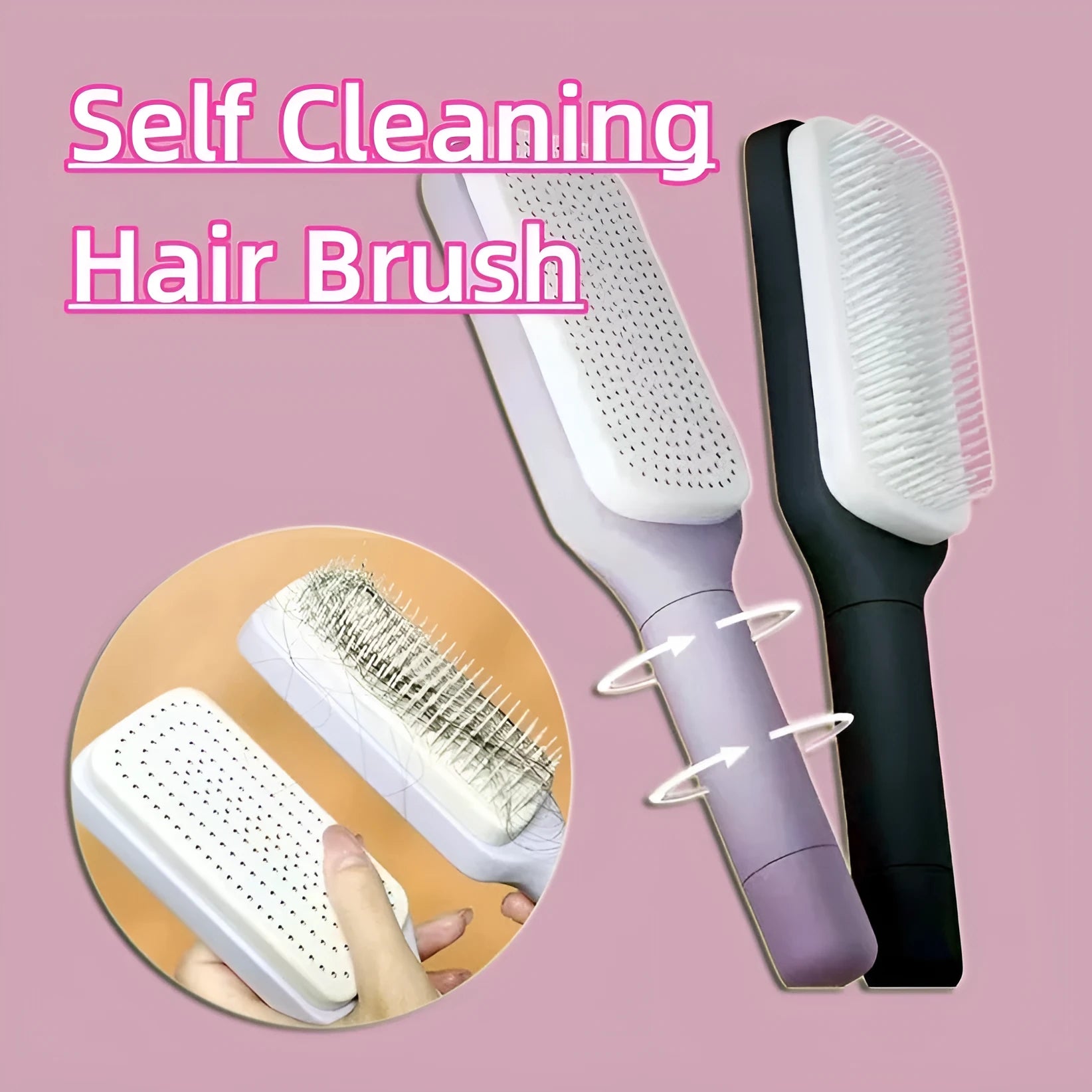 Purple and grey self-cleaning hair brush with rotate handle mechanism for anti-static massage combing