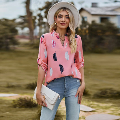 V-neck feather printed loose shirt in various colours, showcasing unique design and comfortable fit