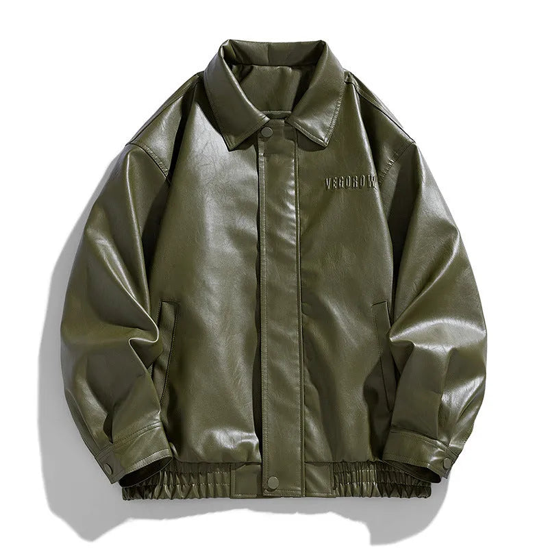 Men's slim fit corduroy PU leather jacket in army green, retro motorcycle style, front view
