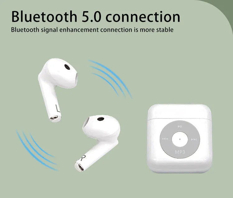 White wireless Bluetooth semi in-ear earphones with charging case on a white background.
