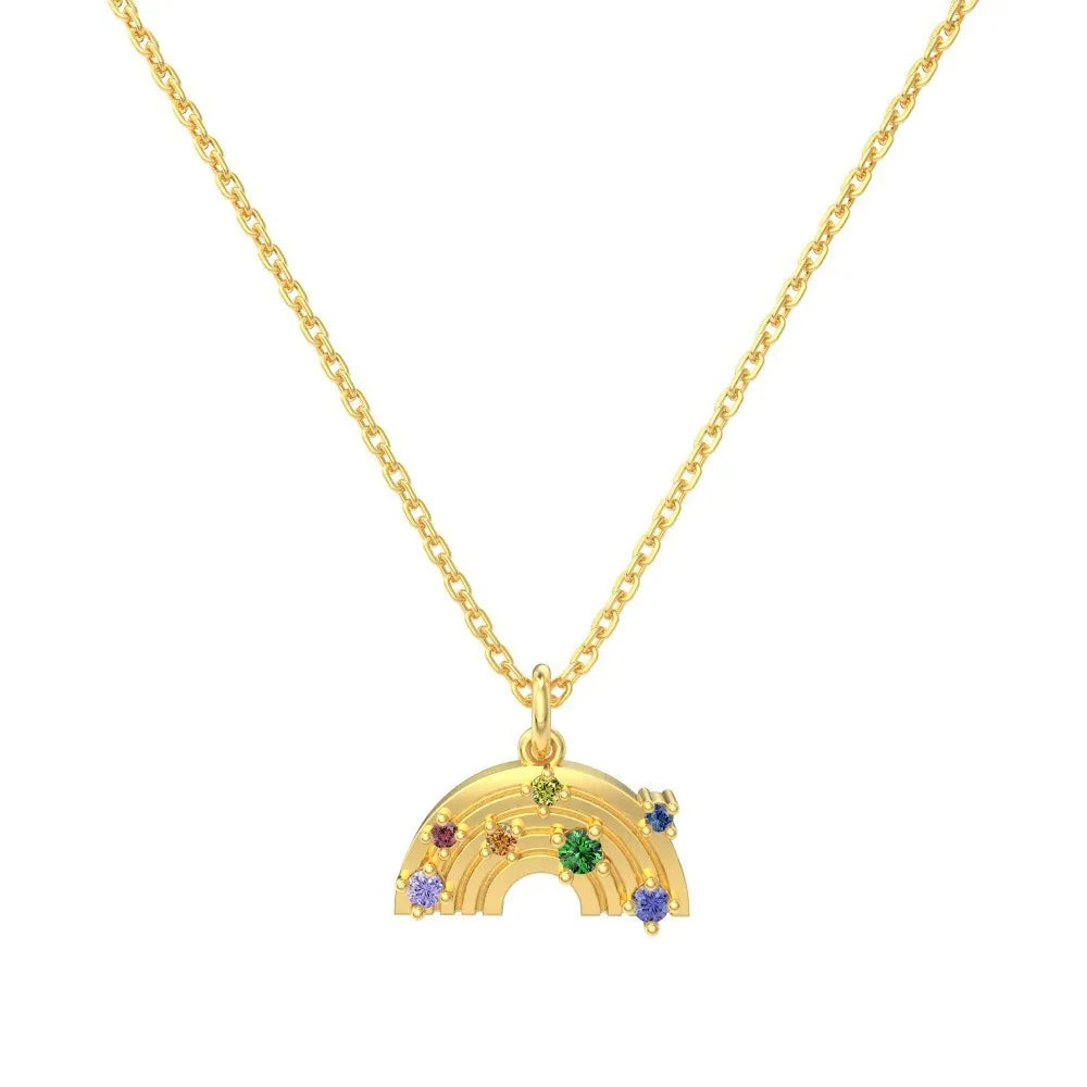 S925 sterling silver necklace with rainbow inlaid U-shaped geometric pendant on clavicle chain in platinum finish