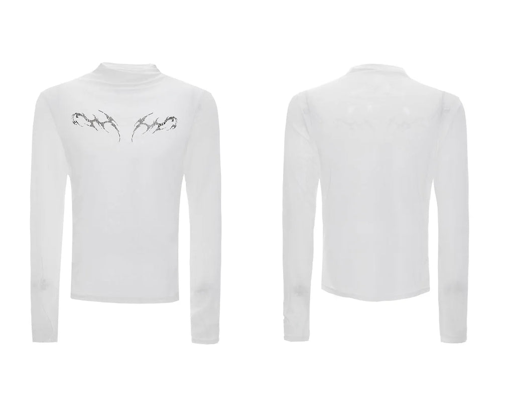 Men's black mesh bottoming shirt with long sleeves and slim fit design