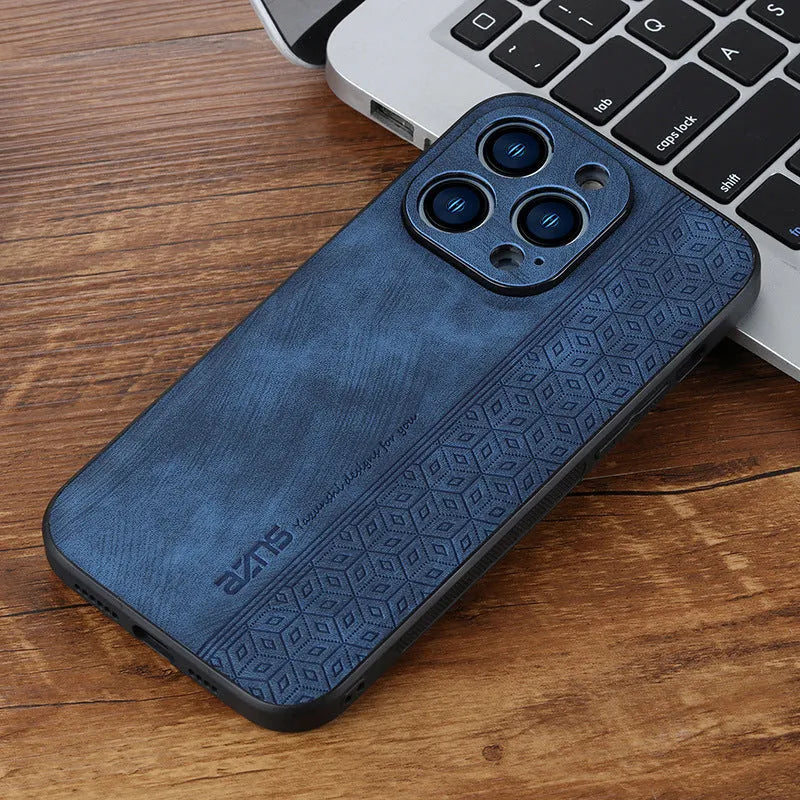 Imitation leather phone case with embossed pattern in blue for Apple iPhone, showing textured surface and cutouts