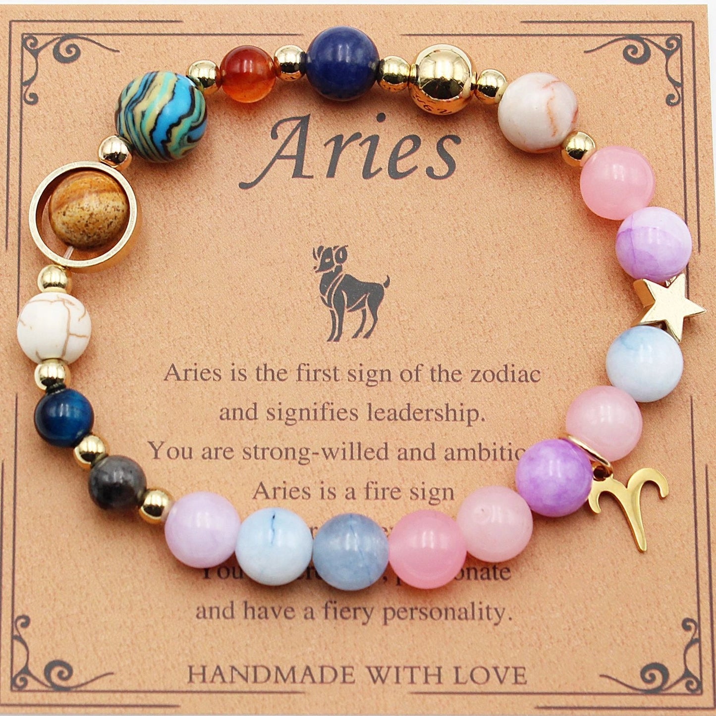 Morgan Stone beaded bracelet with twelve constellation designs, showcasing personalised zodiac signs.