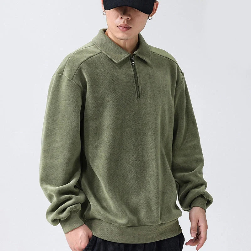 Men's lapel half-zip fleece sweatshirt in black, haze green, and apricot yellow