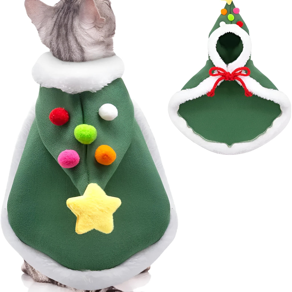 Cat wearing a velvet Christmas cape with star pattern and matching hat in brown, with adjustable tie rope visible