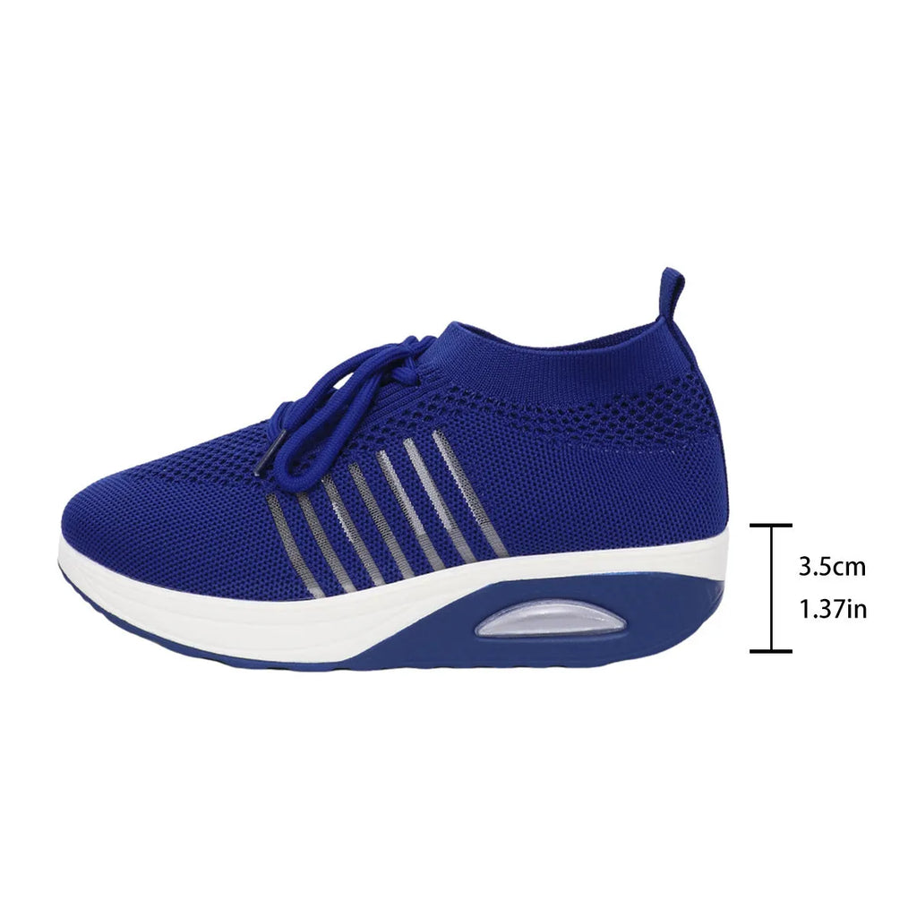 Women's mesh upper lace-up slip-on wedge sports shoes in black, low-top style with mid heel