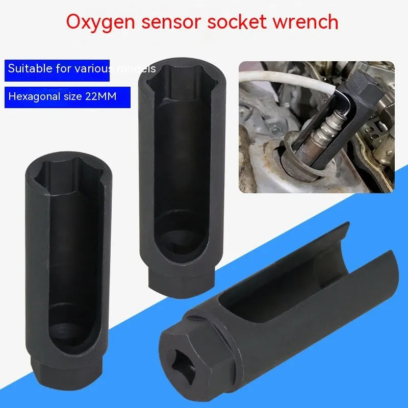 Black chromium vanadium steel oxygen sensor sleeve with 22mm thread for Japanese automotive applications.
