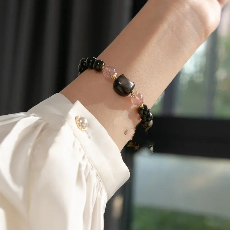 Natural black obsidian 8mm bracelet with kitty accessories and adjustable sliding knot