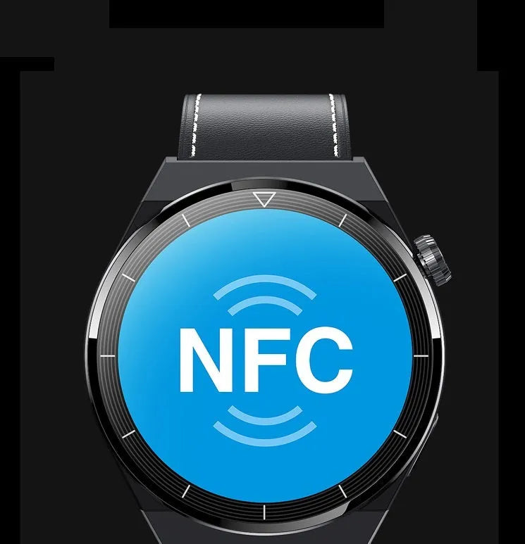 Black Android smart watch with round 1.36-inch screen and silicone strap