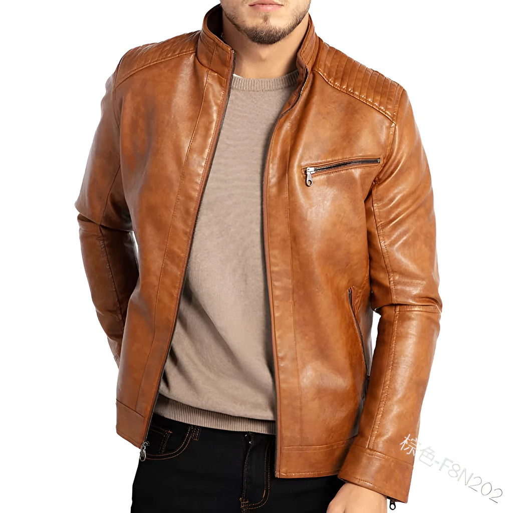 Men's brown artificial leather punk motorcycle jacket with stand collar and straight hem