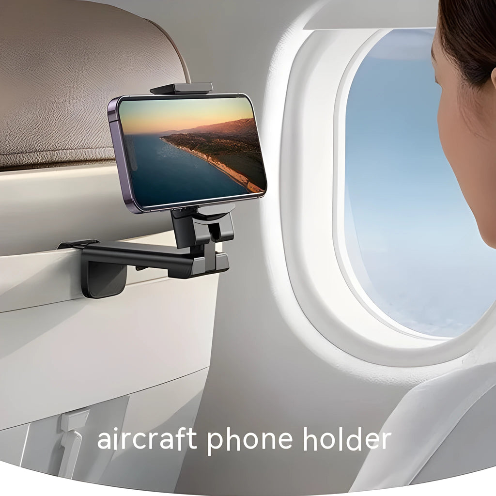 Foldable rotating phone holder in black showing adjustable angle mechanism with phone in landscape position