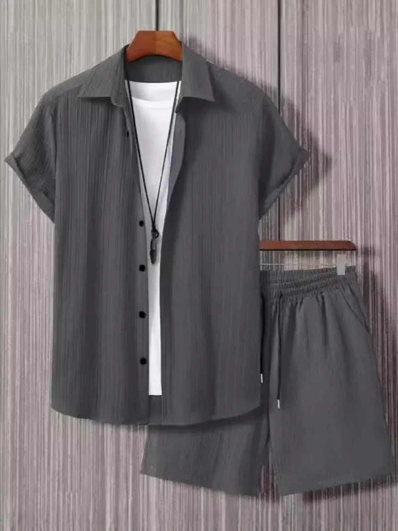 Jacquard short-sleeve shirt and matching shorts suit set in a solid colour.