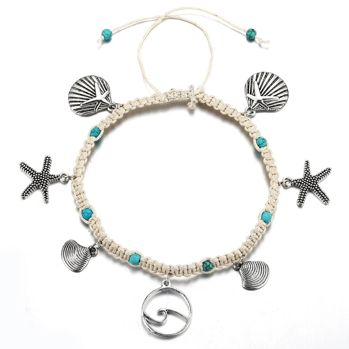 Green and blue star fish anklet for women, beach foot jewelry
