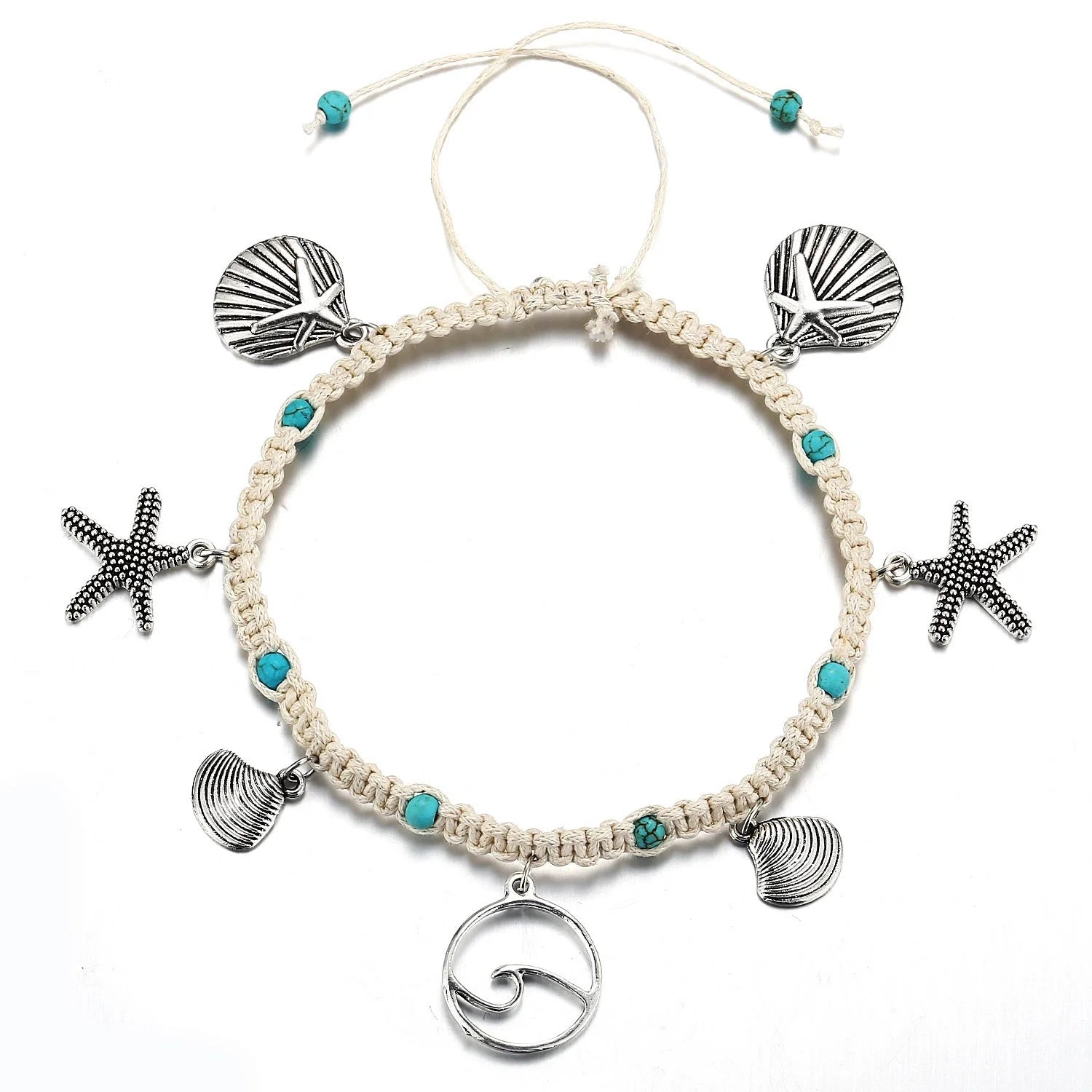Green and blue star fish anklet for women, beach foot jewelry