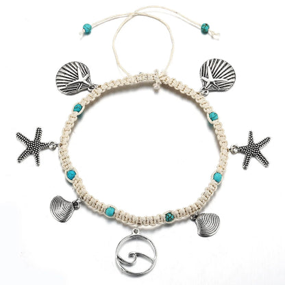 Green and blue star fish anklet for women, beach foot jewelry