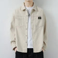 Men's long-sleeved corduroy jacket in cardigan style shown in khaki colour.