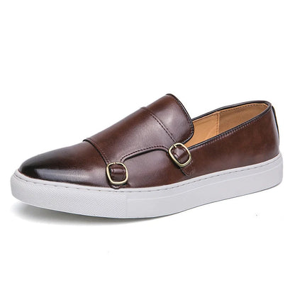 Men's business casual slip-on loafers in black and brown with rubber sole