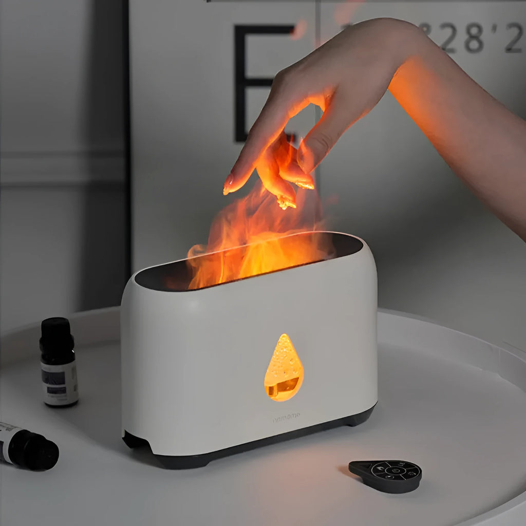 Mini remote control flame diffuser air humidifier round plastic USB powered household use white colour