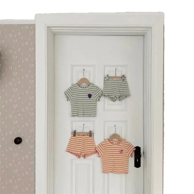 Children's short-sleeved polyester ice silk stripe pajama set in pink yellow purple green colours for heights 80-130 cm