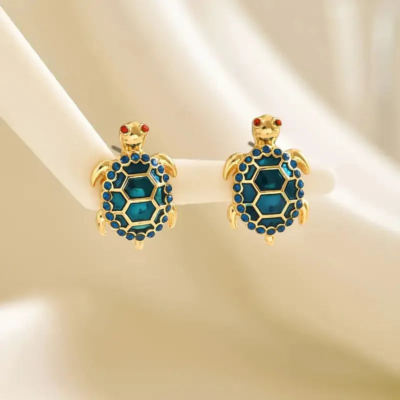 Turtle stud earrings retro design electroplated zinc alloy jewellery gold blue colour earrings for women