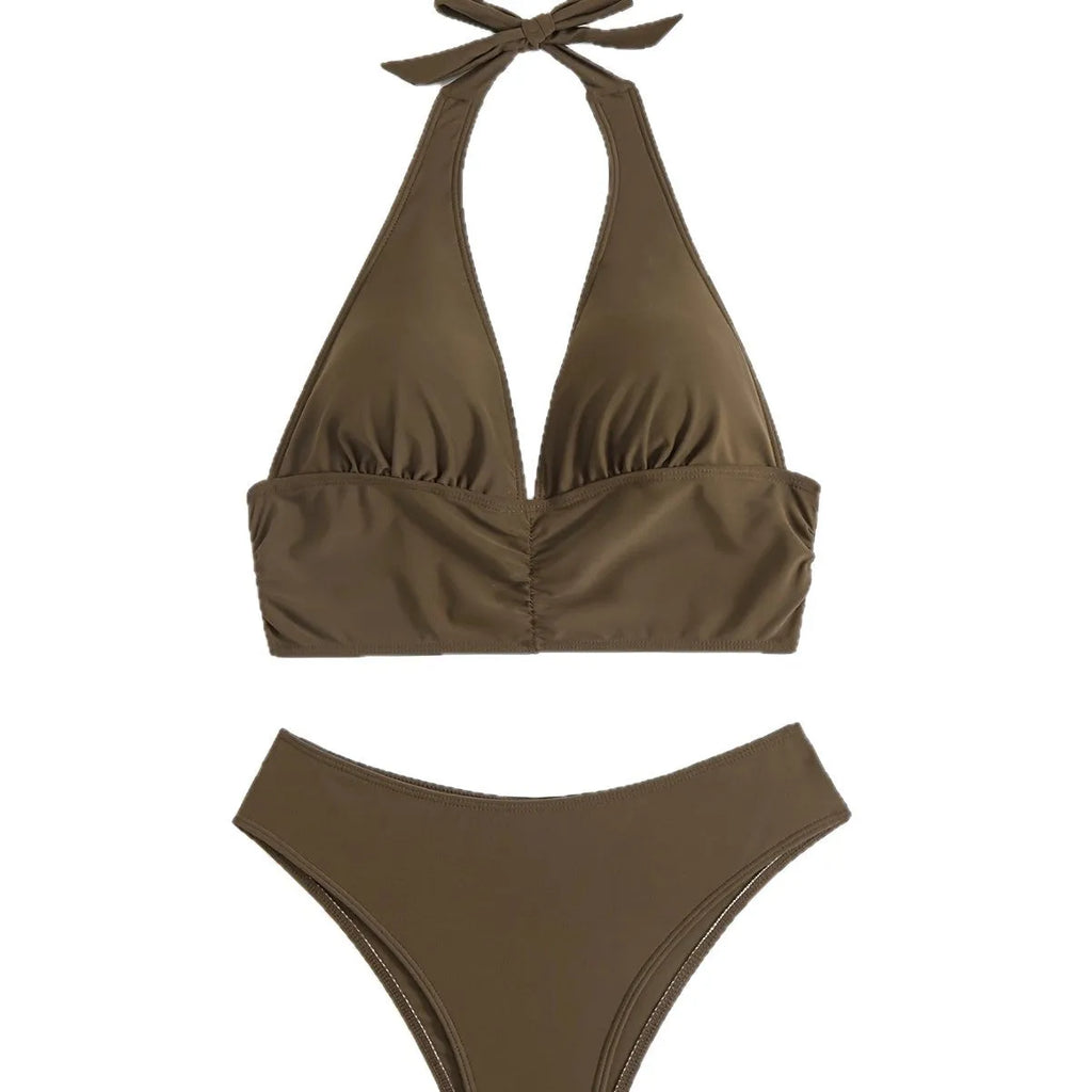 Women's brown polyester quick-dry bikini split swimsuit, sleeveless, available in sizes S M L