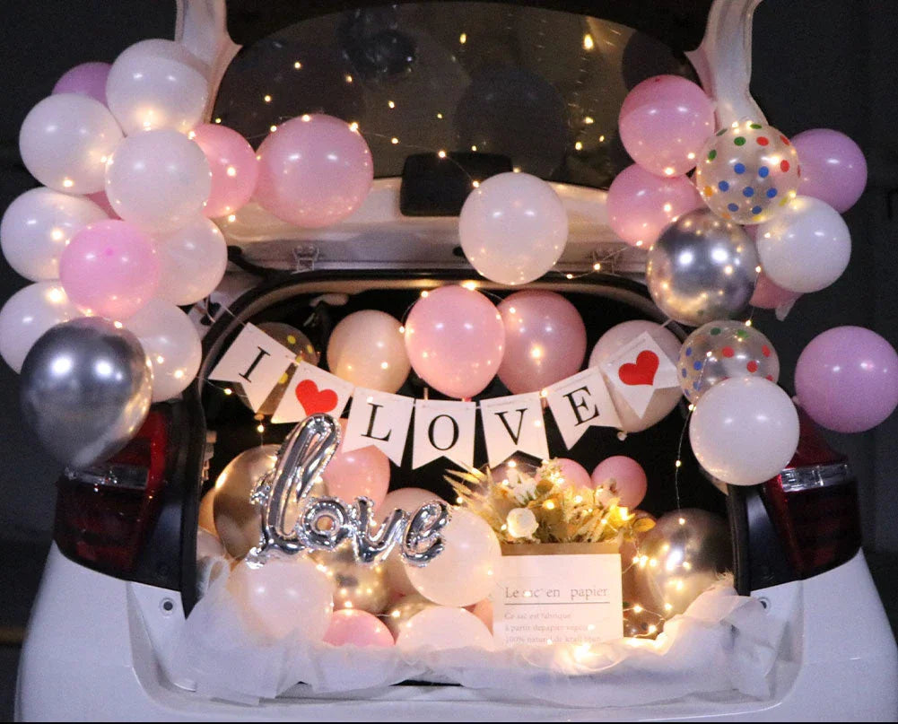 Romantic car trunk proposal decoration set with balloons, flags, and accessories for girlfriend's birthday celebration