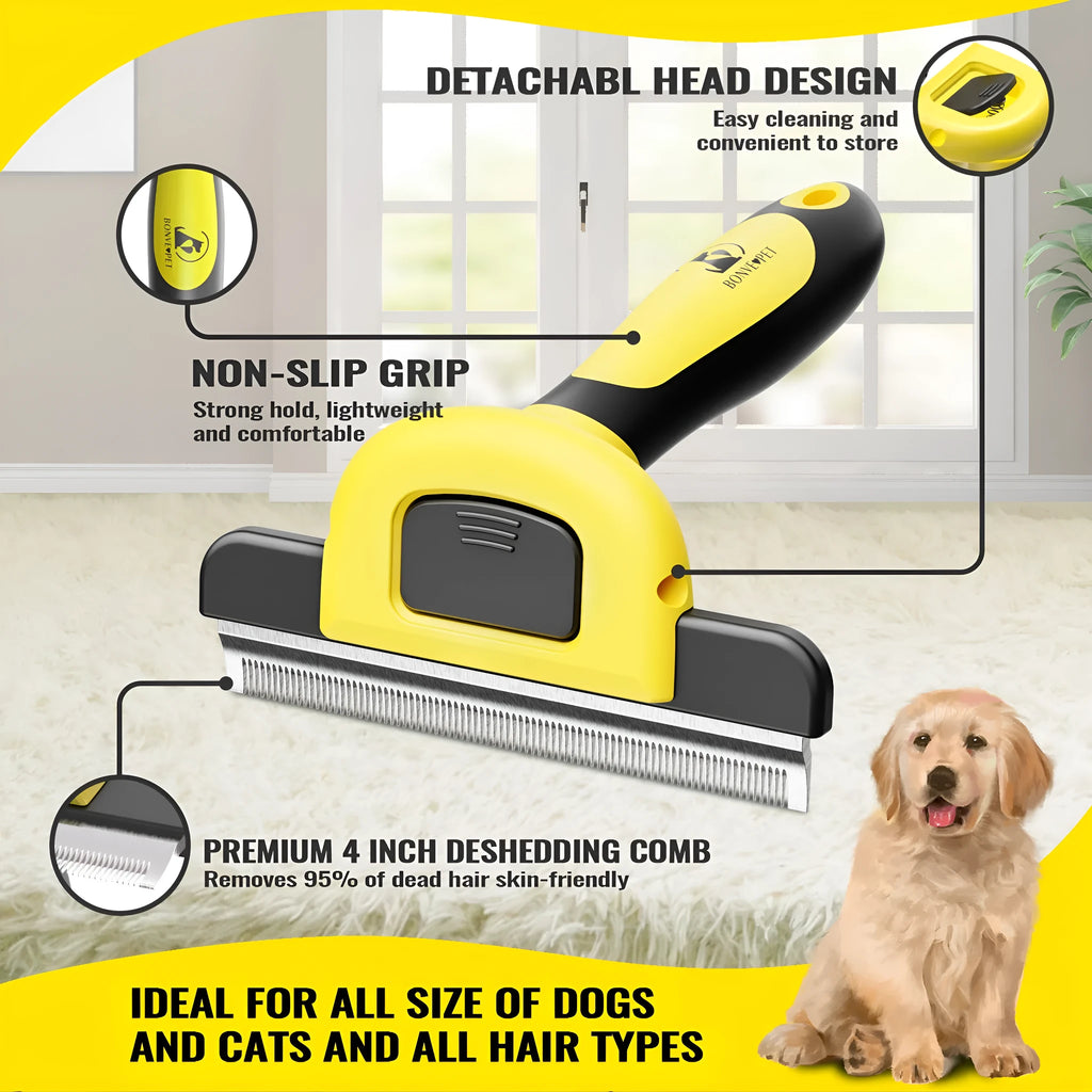 Yellow and blue plastic dog grooming comb with stainless steel teeth for hair removal