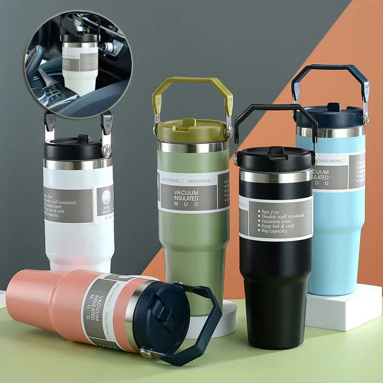 Insulated stainless steel travel tumbler with double-wall vacuum technology, sweat-proof powder coating, and BPA-free sliding lid for hot and cold drinks on the go.