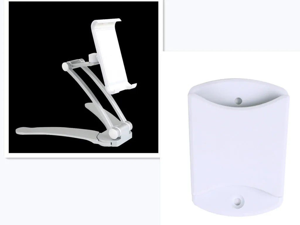 Silver aluminium alloy desktop tablet stand holding a tablet at an adjustable angle