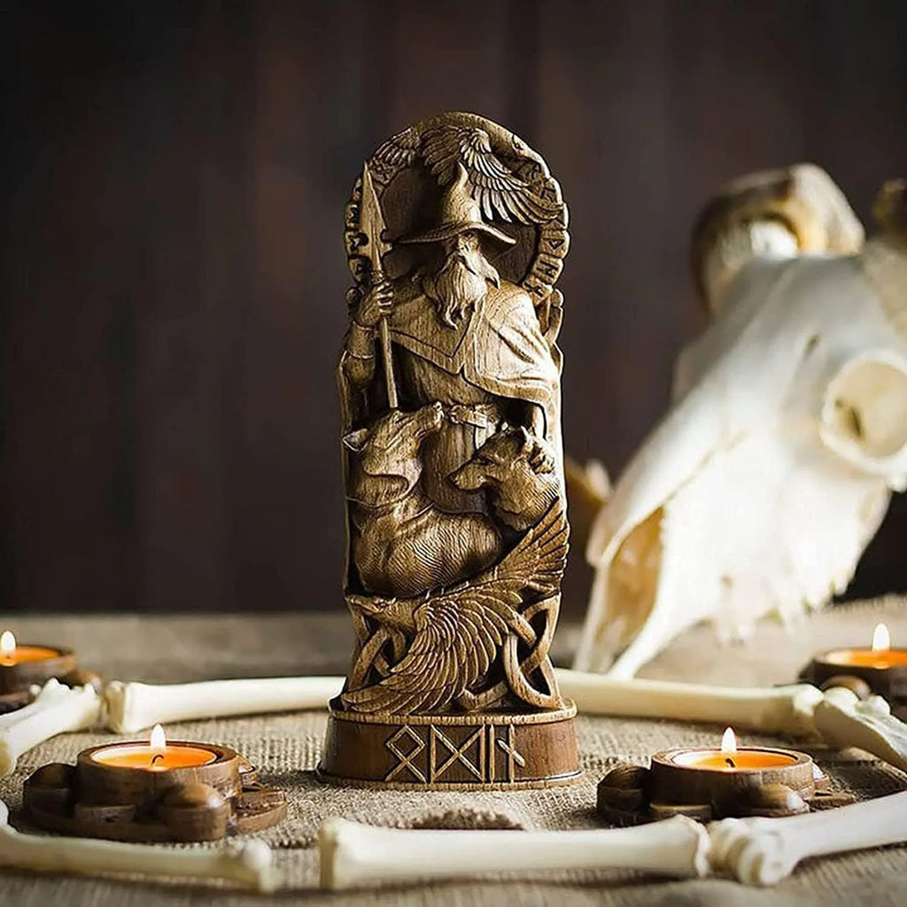 Set of four Norse mythology resin hero statues Odin Thor Freya Loki wood carving style 22 cm tall