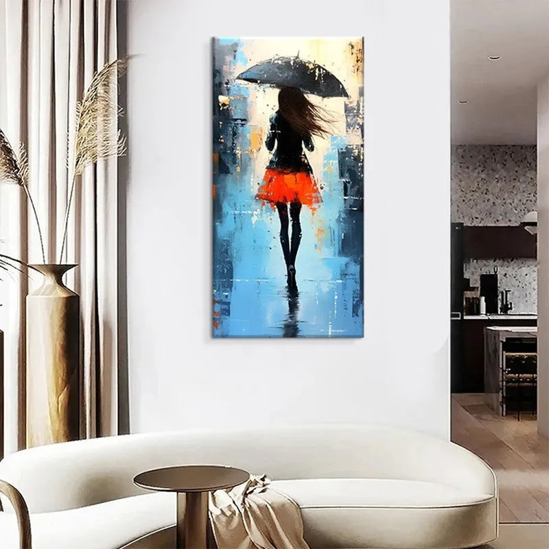 Hand painted modern abstract people walk rain oil painting on canvas wall art