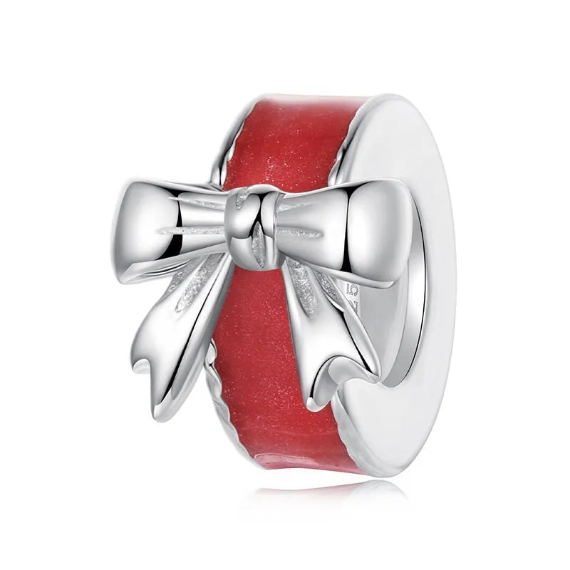 Red bow-shaped 925 silver spacer bead with glossy dripping oil finish, 1cm height