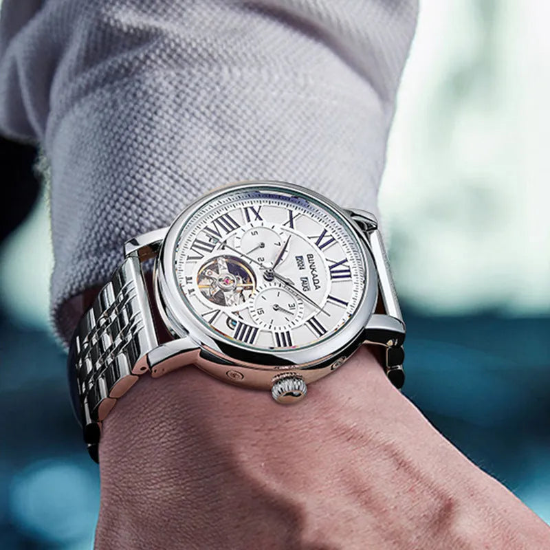 Men's mechanical automatic waterproof watch with stainless steel case and steel strap