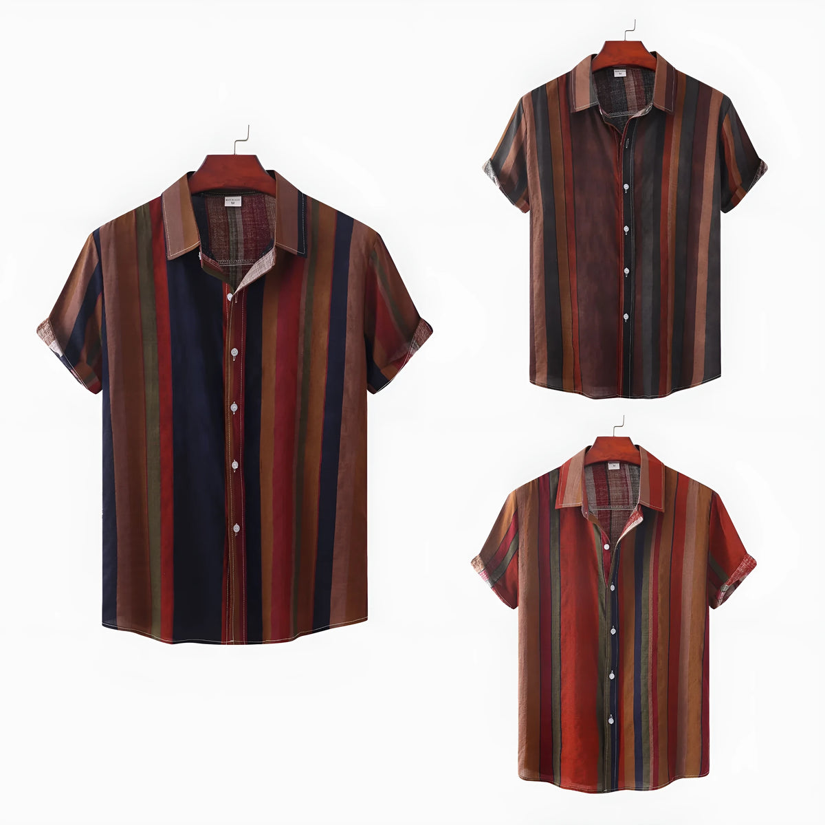 Men's cotton retro casual shirt with colour block pattern, loose fit, short sleeves, and lapel collar