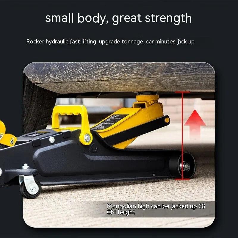 Hydraulic low car jack with handle for tyre changing applications