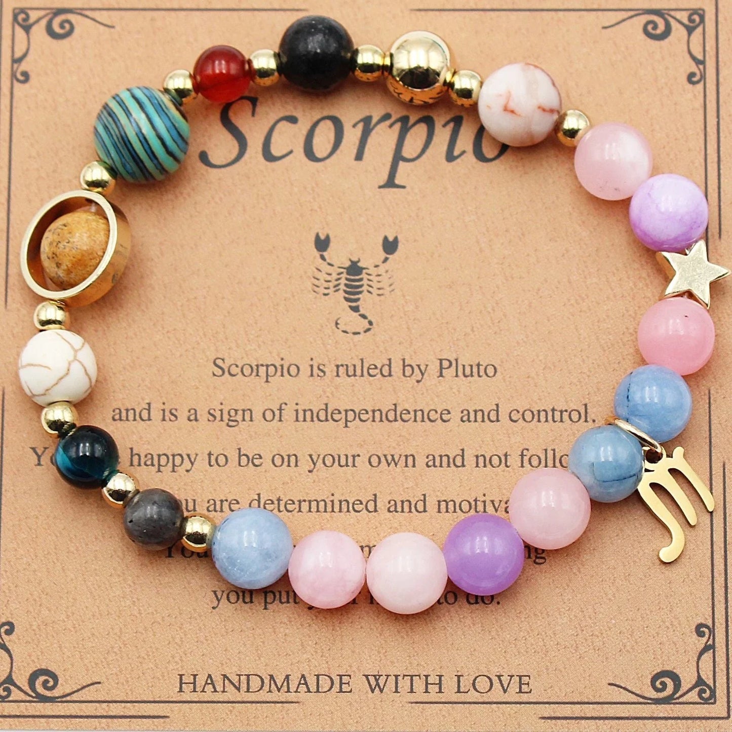 Morgan Stone beaded bracelet with twelve constellation designs, showcasing personalised zodiac signs.