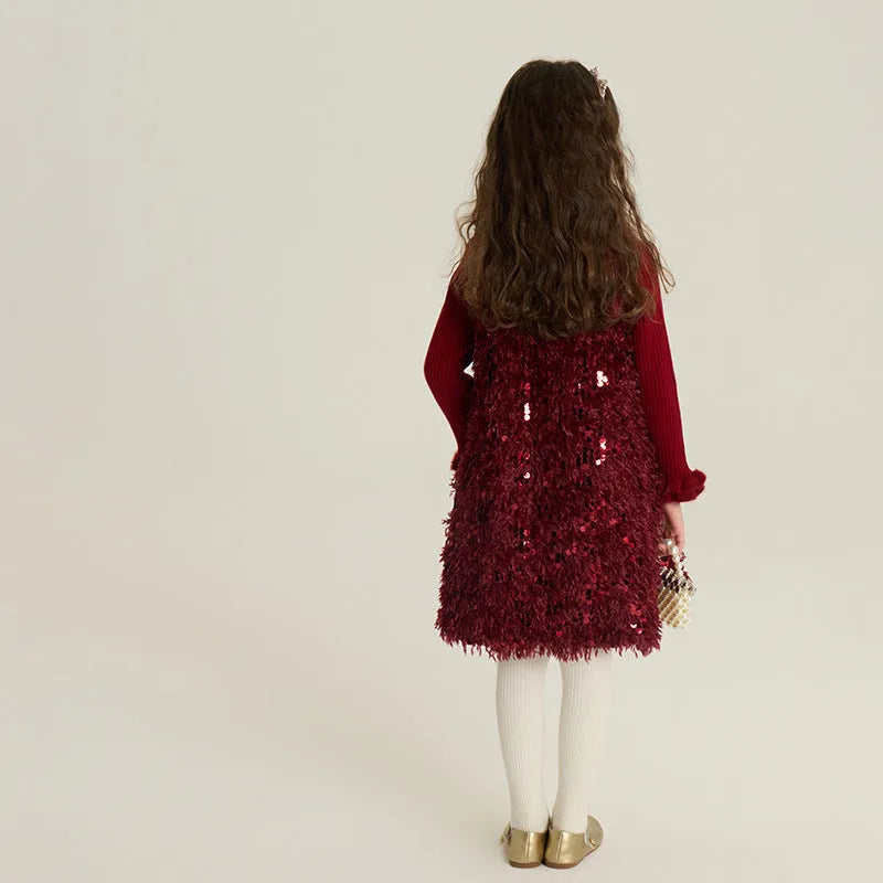Red winter cotton padded sequin girls vest dress set with matching sweater on child model