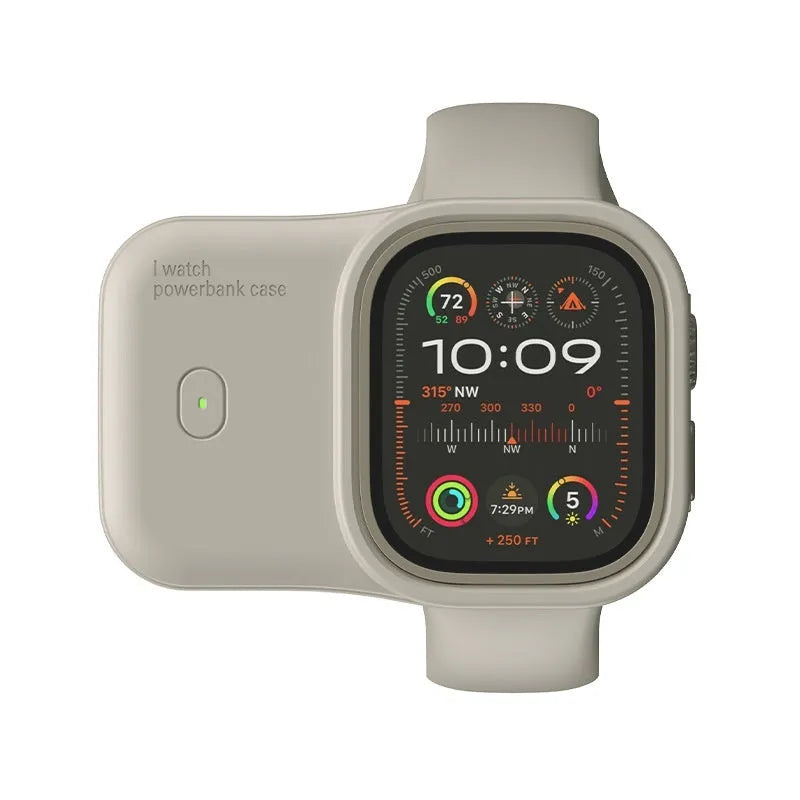 Apple Watch portable wireless charging power bank case with silicone cover in brown, midnight blue, or starlight.