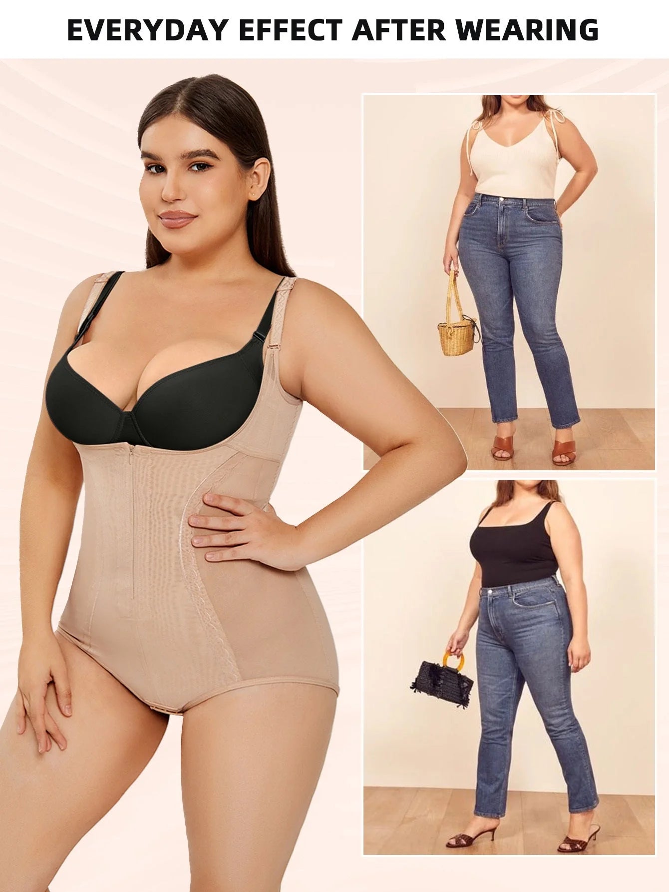 Women's shapewear bodysuit for tummy control and slimming effect in black and apricot